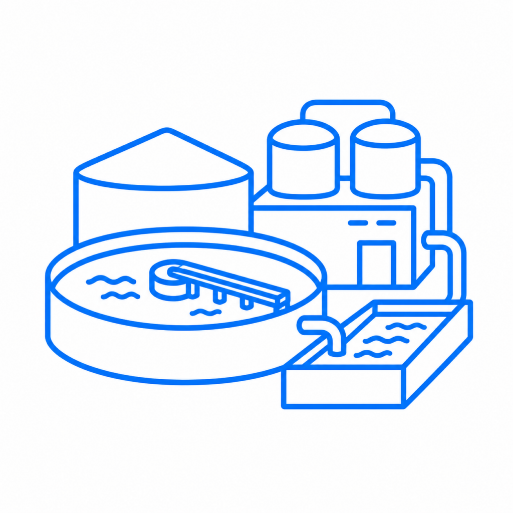 Wastewater treatment plant icon showing a clarifier, treatment tanks and process building in a blue engineering line-art style.