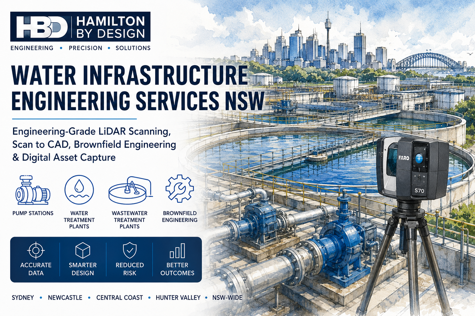Engineering-grade LiDAR scanning and water infrastructure engineering services for pump stations, water treatment plants and wastewater treatment facilities across NSW.