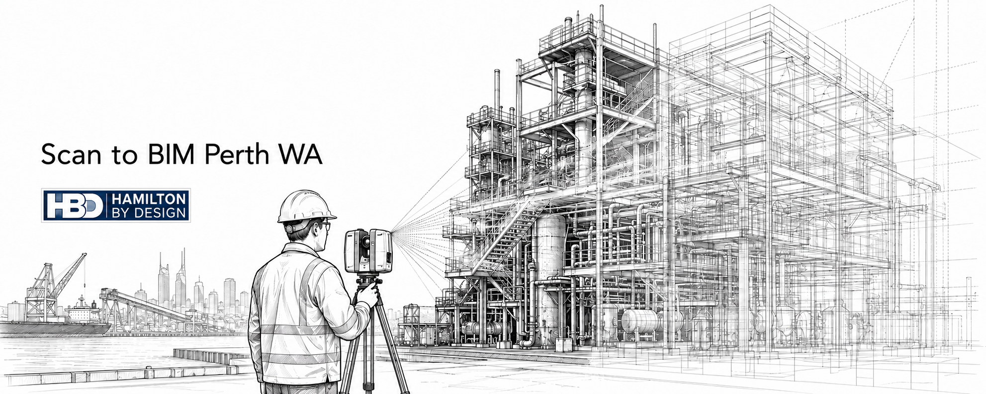 Ink line drawing of an engineer using a 3D LiDAR scanner to capture an industrial facility in Perth WA, with point cloud lines converting the site into a BIM model.