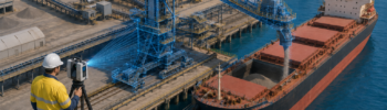 Engineer using a LiDAR scanner to capture a shiploader, conveyor system and bulk carrier at a Perth port.