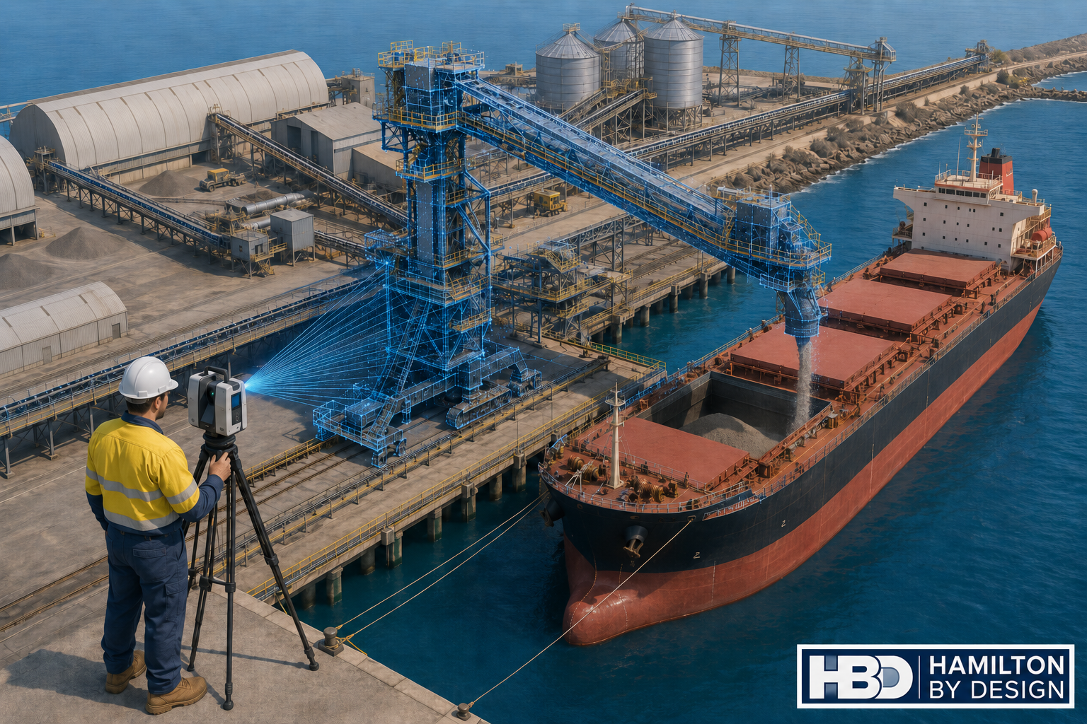 Engineer using a LiDAR scanner to capture a shiploader, conveyor system and bulk carrier at a Perth port.