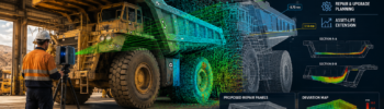 Engineer using 3D laser scanning to capture a mining haul truck for dimensional inspection, reverse engineering, repair planning and asset-life extension.