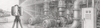 Grey pencil drawing of a LiDAR scanner capturing a Central Coast pump station with pumps, pipework, valves, access platforms and point cloud scan detail.