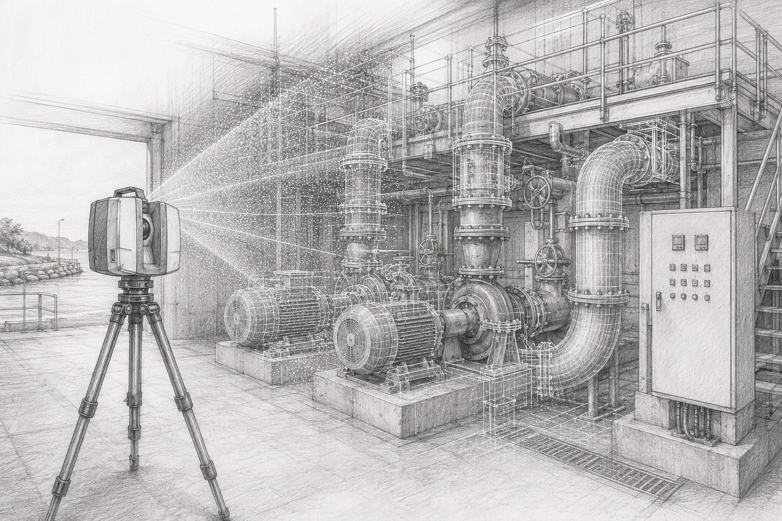 Grey pencil drawing of a LiDAR scanner capturing a Central Coast pump station with pumps, pipework, valves, access platforms and point cloud scan detail.