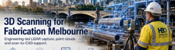 Hamilton By Design 3D scanning for fabrication in Melbourne, showing a LiDAR scanner capturing point cloud data beside fabricated pipework, structural steel and the Melbourne city skyline.
