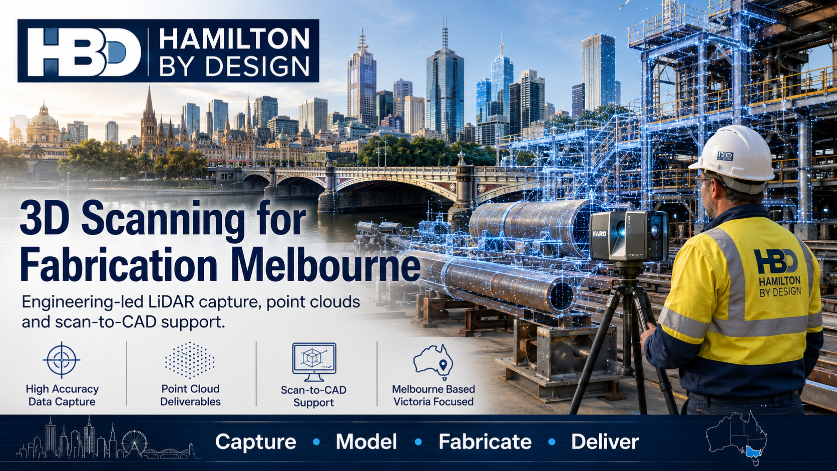 Hamilton By Design 3D scanning for fabrication in Melbourne, showing a LiDAR scanner capturing point cloud data beside fabricated pipework, structural steel and the Melbourne city skyline.