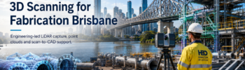 Hamilton By Design 3D scanning for fabrication in Brisbane, showing a LiDAR scanner capturing point cloud data beside fabricated pipework, structural steel and the Brisbane Story Bridge skyline.