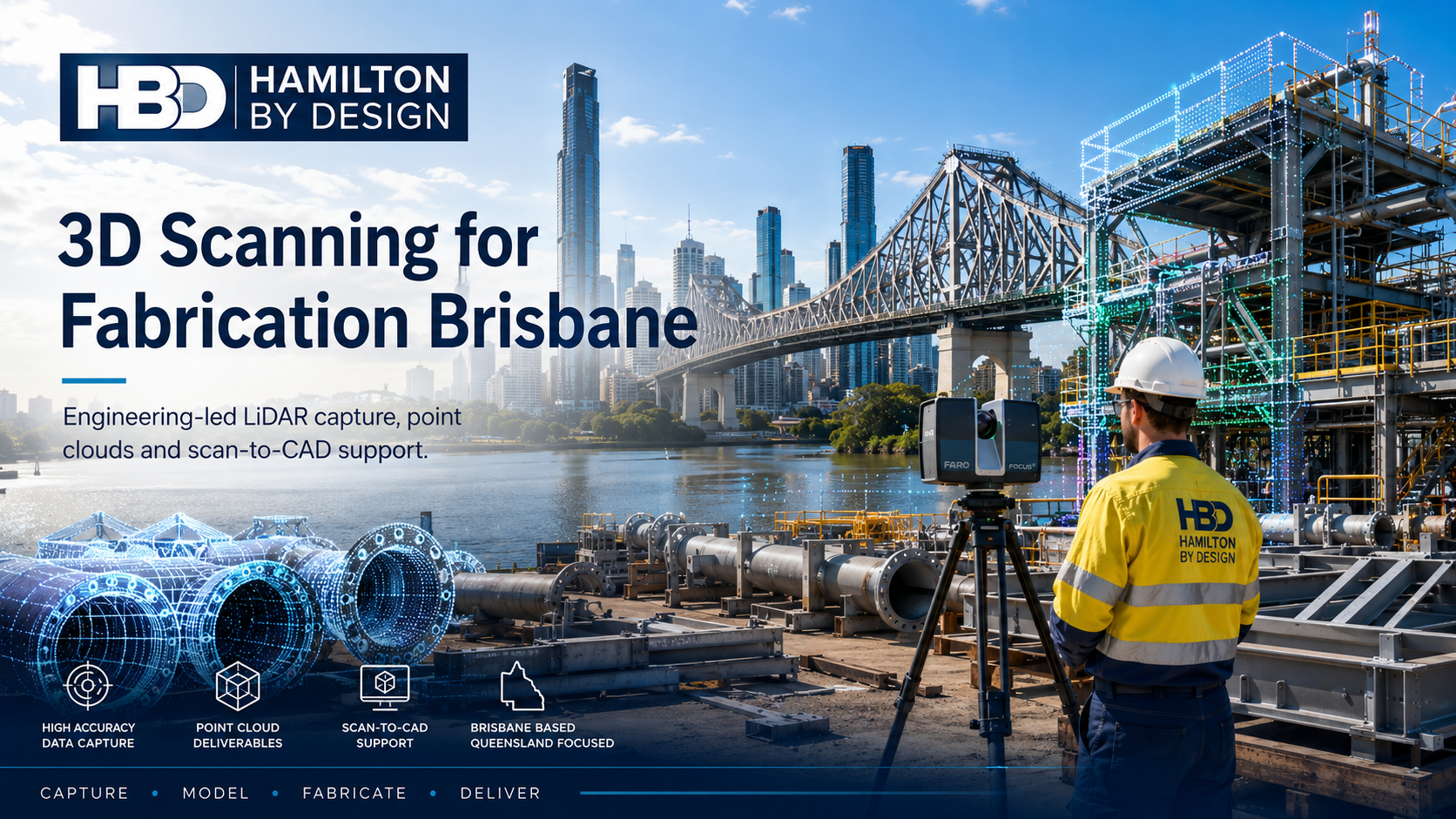 Hamilton By Design 3D scanning for fabrication in Brisbane, showing a LiDAR scanner capturing point cloud data beside fabricated pipework, structural steel and the Brisbane Story Bridge skyline.