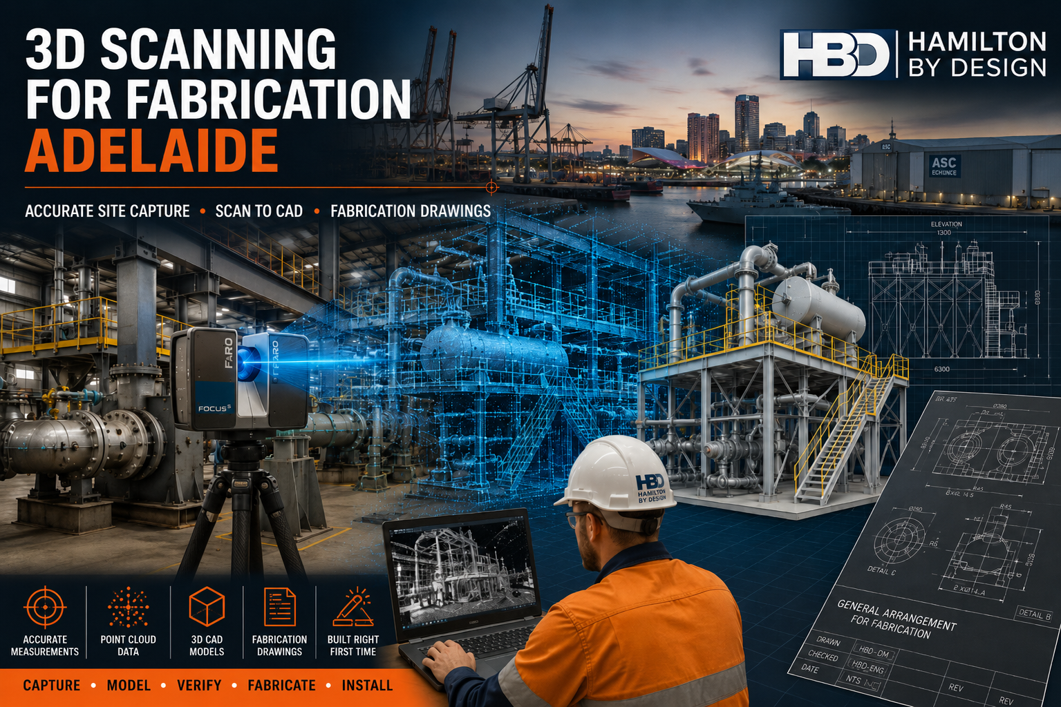 3D laser scanning for fabrication in Adelaide showing industrial machinery, point-cloud data, CAD modelling and fabrication drawings.