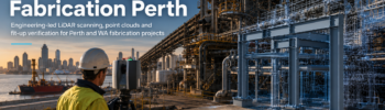 3D scanning for fabrication in Perth, showing an engineer using a LiDAR scanner on an industrial site with point cloud data, CAD steelwork and pipework overlay.