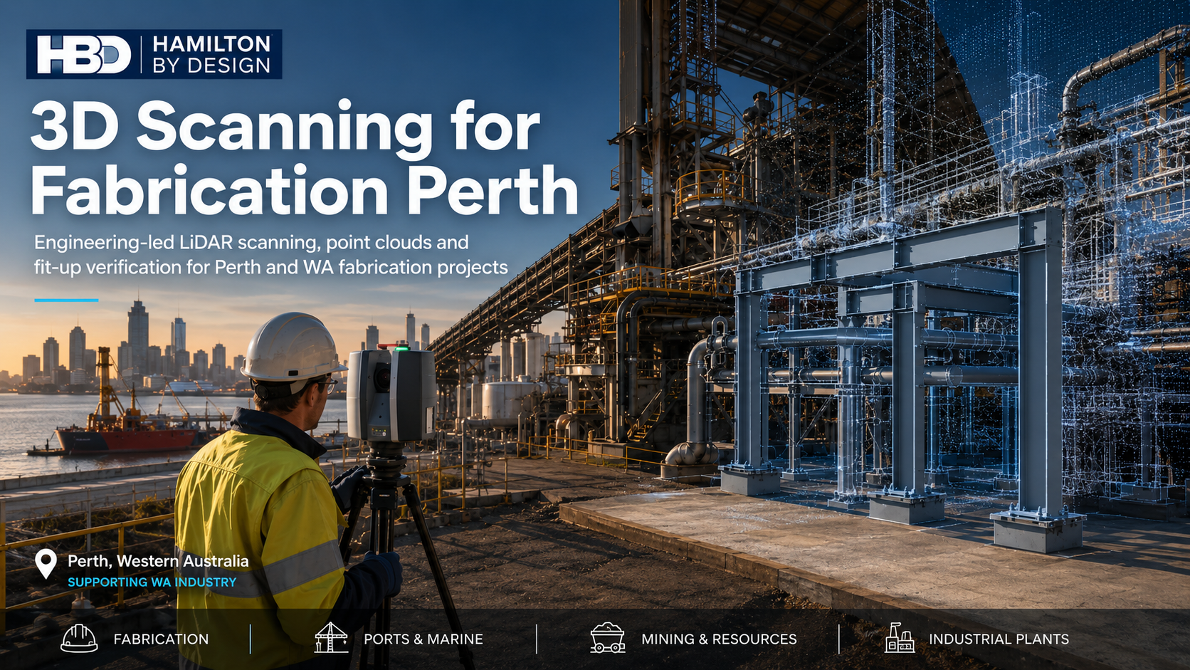 3D scanning for fabrication in Perth, showing an engineer using a LiDAR scanner on an industrial site with point cloud data, CAD steelwork and pipework overlay.
