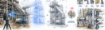 3D scanning for fabrication infographic showing a laser scanner capturing an industrial site, point cloud conversion, CAD model development, fabricated components and successful site fit-up.