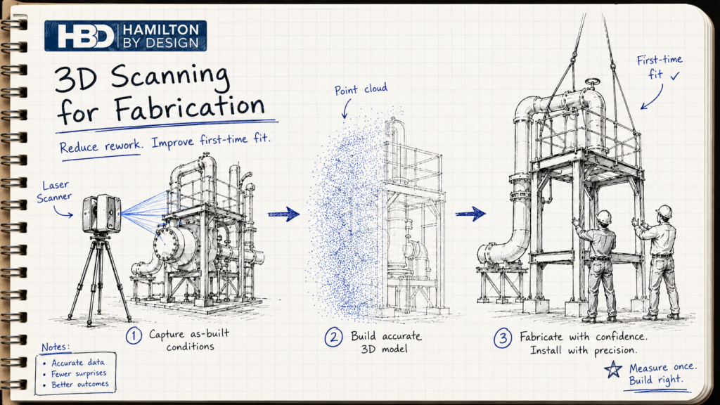 Hand-drawn notebook-style infographic showing 3D scanning for fabrication, from laser scanning an existing industrial site to point cloud modelling and successful first-time fit-up of fabricated pipework and steelwork.