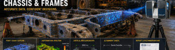 3D laser scanning of a mining haul-truck chassis and frame, showing point-cloud capture, deformation analysis, alignment checks and dimensional measurements.