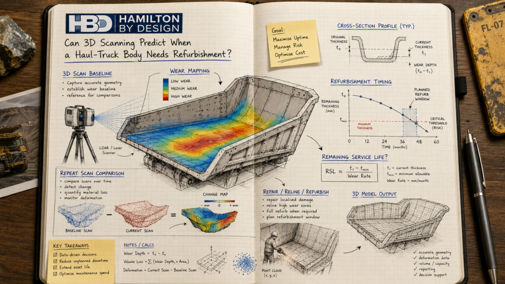 Engineering notebook illustrating 3D scanning of a mining haul-truck body, including wear mapping, repeat-scan comparison and refurbishment timing.