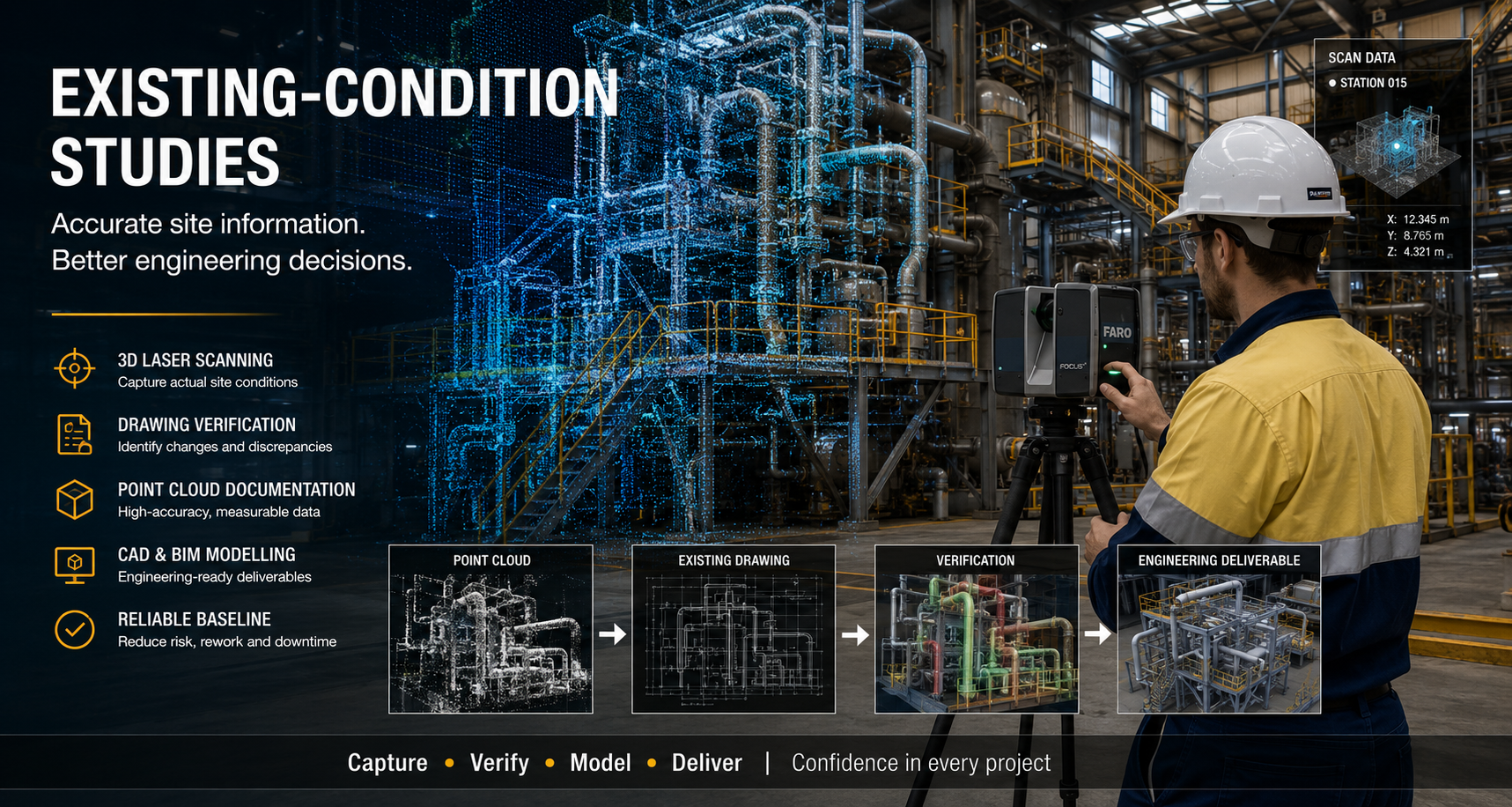 Engineer using a FARO 3D laser scanner to capture existing industrial plant conditions for drawing verification, point-cloud documentation and CAD modelling.