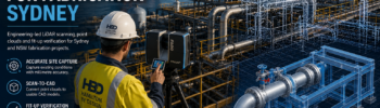 3D scanning for fabrication in Sydney, showing an engineer using a FARO laser scanner on an industrial site with point cloud data and CAD pipework overlay.