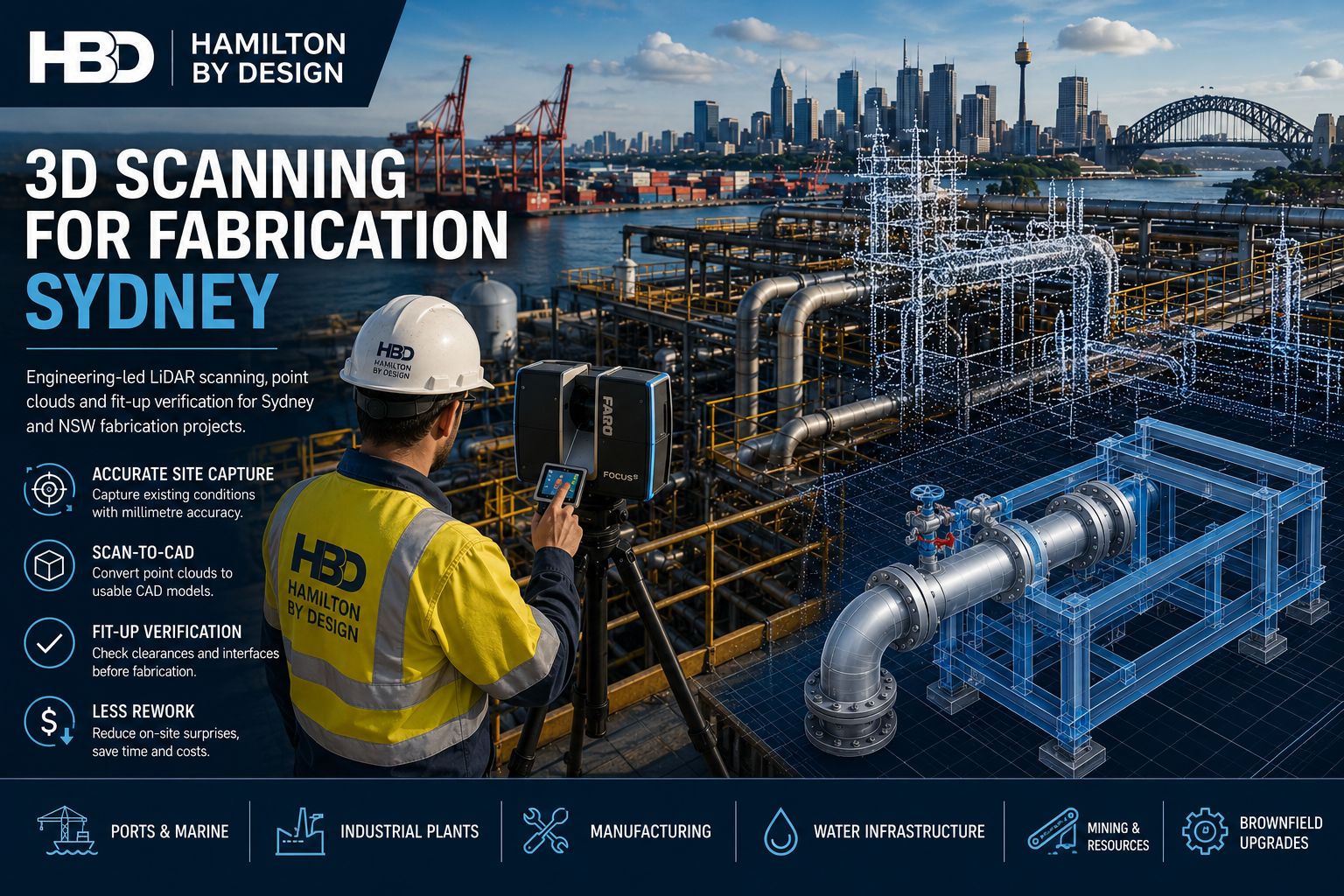 3D scanning for fabrication in Sydney, showing an engineer using a FARO laser scanner on an industrial site with point cloud data and CAD pipework overlay.