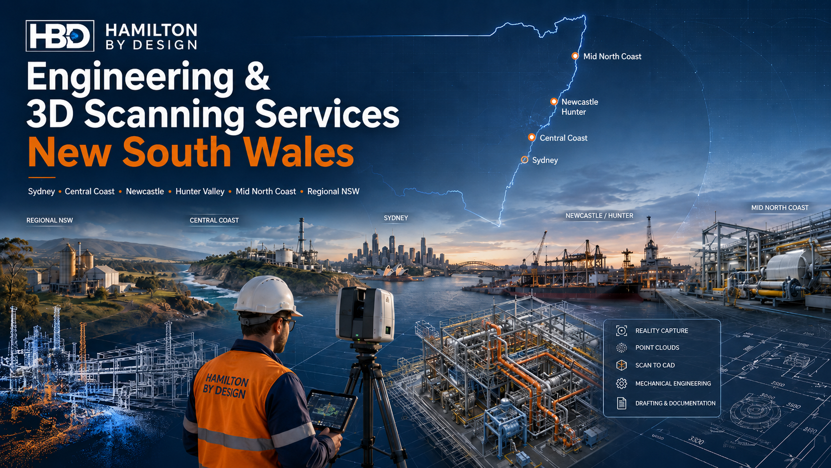 Hamilton By Design engineer using 3D laser scanning equipment across industrial projects in Sydney, Central Coast, Newcastle, Hunter Valley, Mid North Coast and regional NSW.