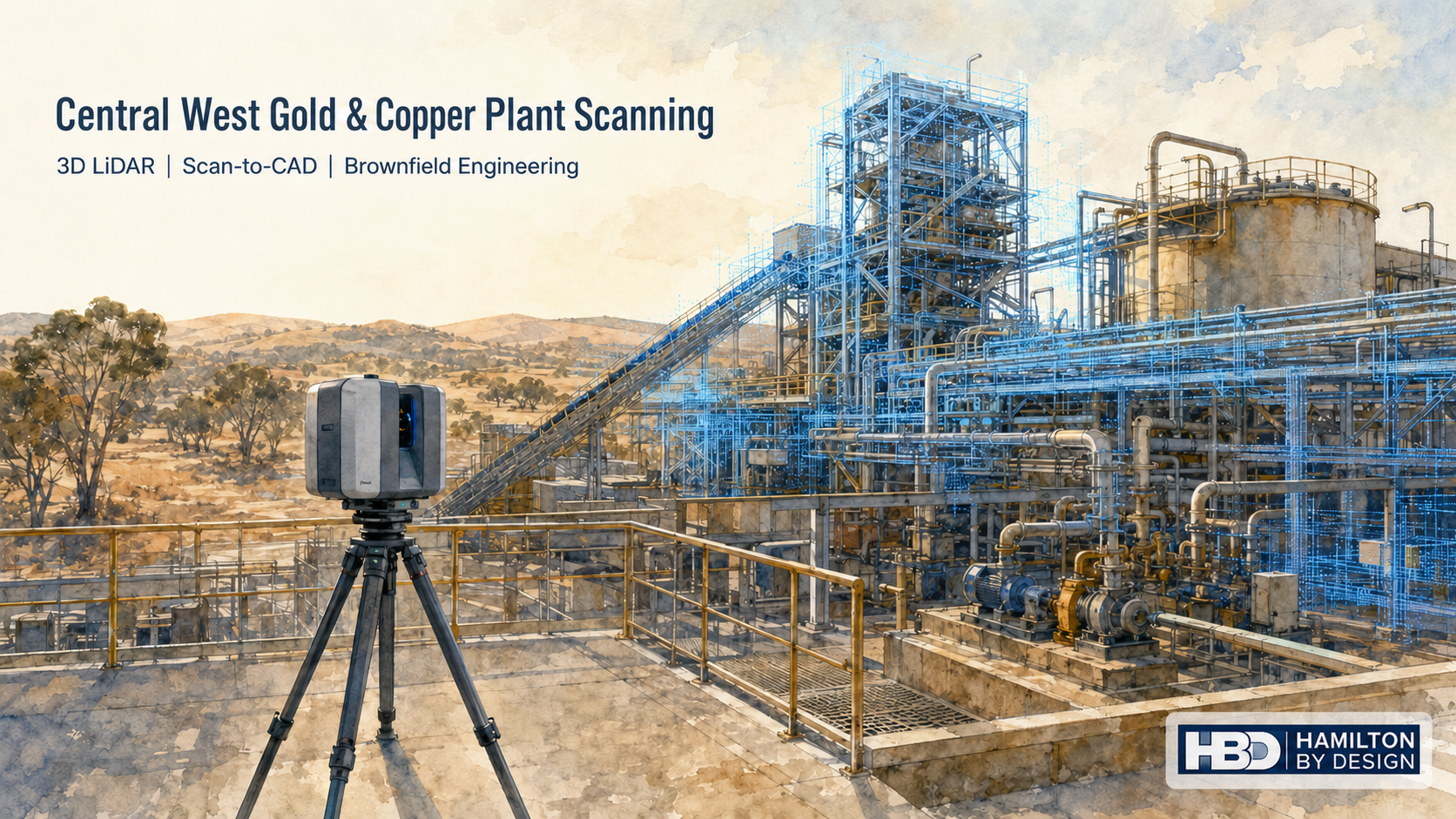 Watercolour illustration of 3D LiDAR scanning at a Central West NSW gold and copper processing plant, showing pipework, conveyors, structural steel and the Hamilton By Design logo.