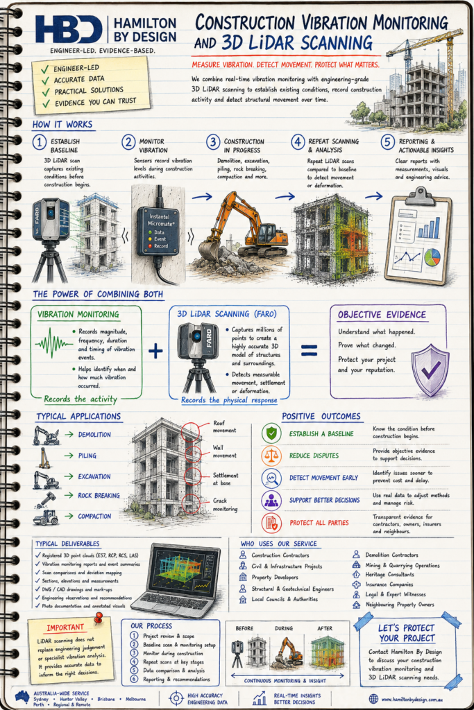 Construction vibration monitoring and 3D LiDAR scanning at an active building site, showing a vibration sensor, FARO laser scanner and structural movement comparison.