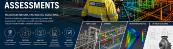 Engineer using a 3D LiDAR scanner at an industrial plant, with point-cloud data, a 3D CAD model, engineering analysis and technical drawings illustrating Hamilton By Design engineering studies and assessments.