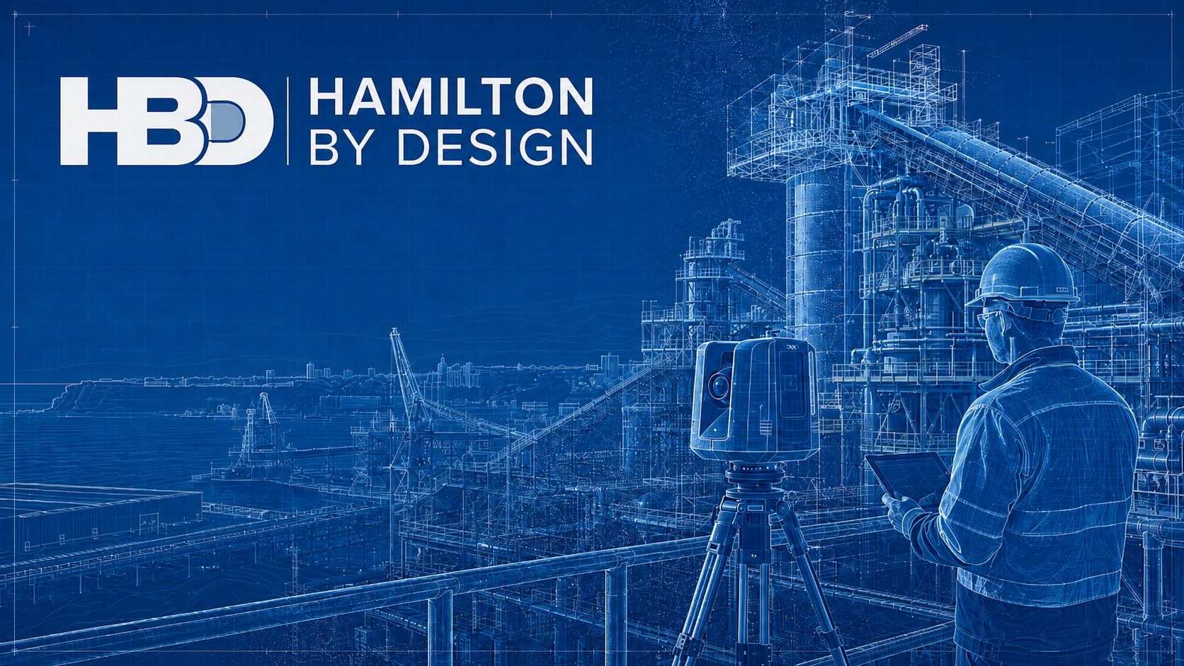 Blueprint-style 3D laser scanning of industrial plant and port infrastructure in Newcastle, with a surveyor, scanner and Hamilton By Design logo.