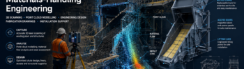 Hamilton By Design chute design and materials-handling engineering, showing industrial 3D laser scanning, point-cloud modelling and a redesigned conveyor transfer chute.