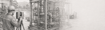 Mechanical engineer using a 3D laser scanner in a Wyong workshop to capture a pipework skid for fabrication, shown as a grey pencil drawing with Hamilton By Design logo.