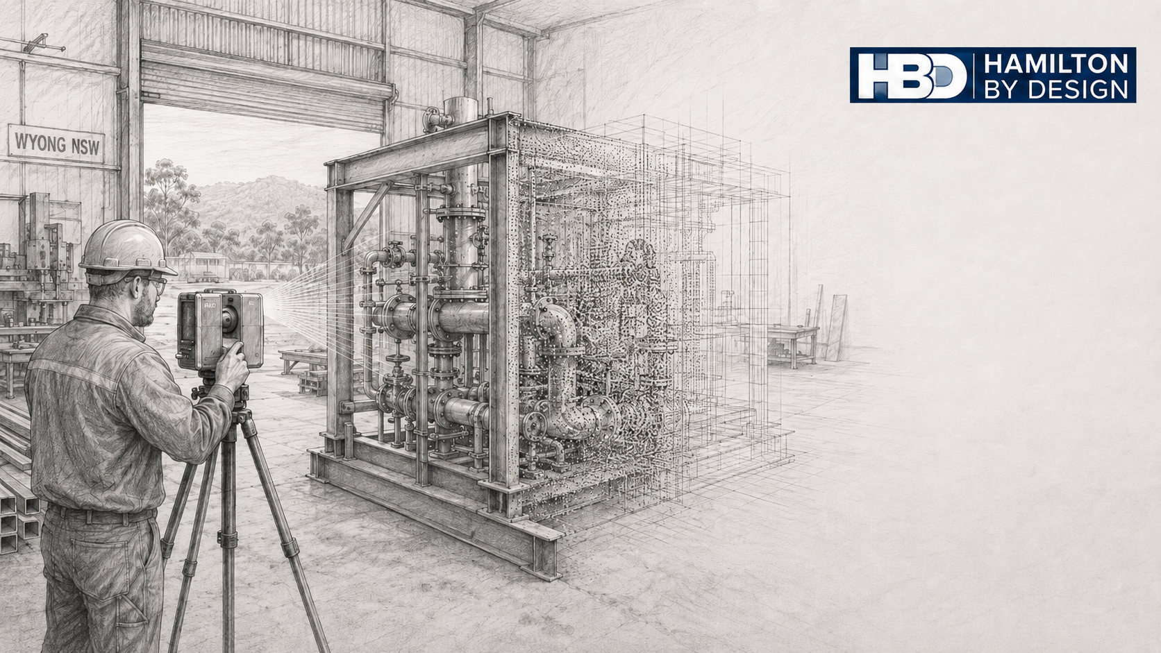 Mechanical engineer using a 3D laser scanner in a Wyong workshop to capture a pipework skid for fabrication, shown as a grey pencil drawing with Hamilton By Design logo.