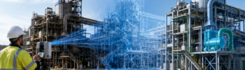 Hamilton By Design engineer using a 3D laser scanner to capture an industrial plant, transitioning from the existing facility through a point cloud into an accurate BIM model.