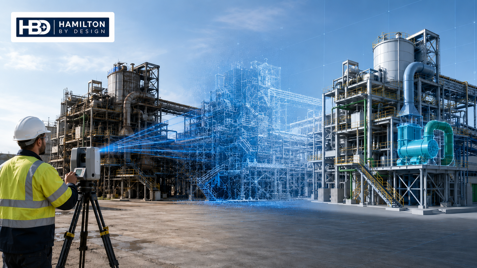 Hamilton By Design engineer using a 3D laser scanner to capture an industrial plant, transitioning from the existing facility through a point cloud into an accurate BIM model.