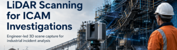 LiDAR scanner and engineer documenting an industrial incident scene for an ICAM investigation using 3D point-cloud data.