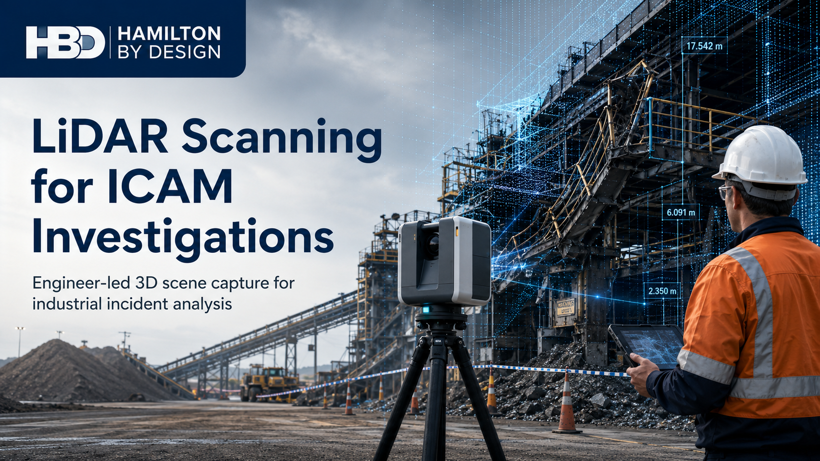 LiDAR scanner and engineer documenting an industrial incident scene for an ICAM investigation using 3D point-cloud data.