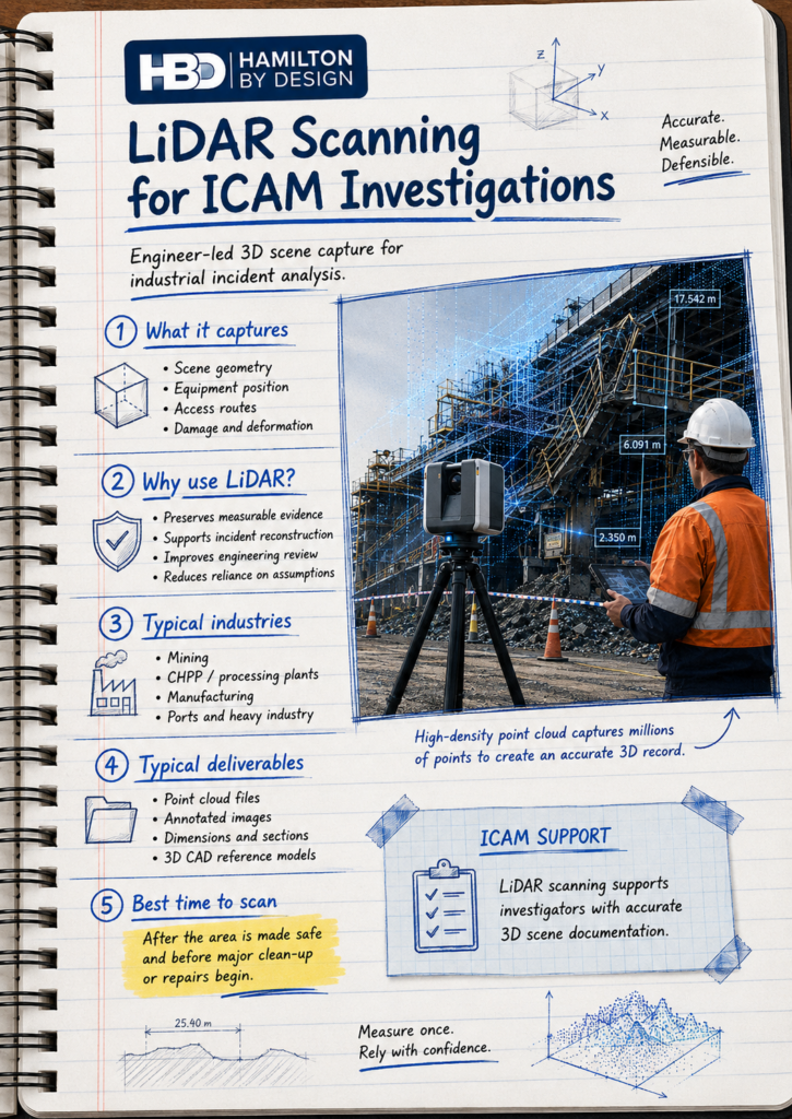 Notebook-style infographic explaining LiDAR scanning for ICAM investigations, including industrial scene capture, investigation benefits, industries, deliverables and recommended scan timing.