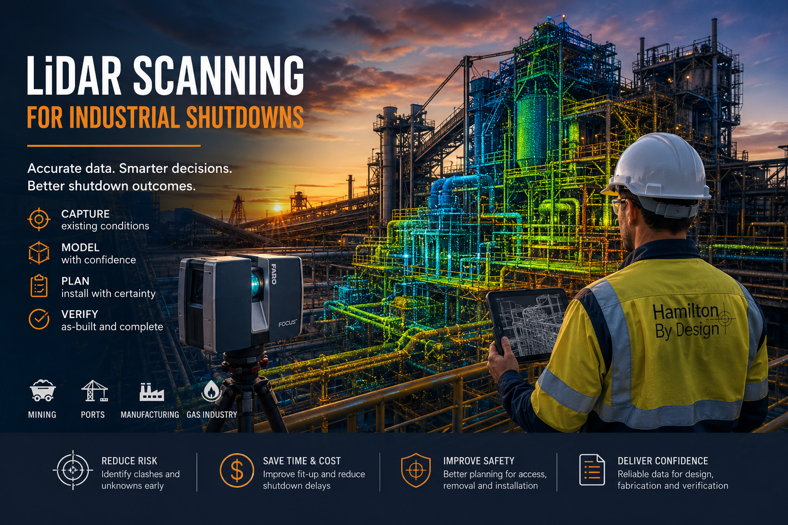 Engineer using a FARO LiDAR scanner to capture an industrial plant during a planned shutdown for design, fabrication and as-built verification.