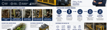 Machine guarding design and engineering infographic showing industrial guards, 3D laser scanning, SolidWorks design and Australian safety requirements.