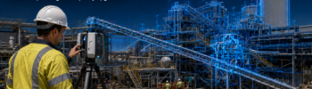 Engineer using a 3D LiDAR scanner at an Orange NSW processing plant with point cloud data overlay for as-built documentation and plant upgrade planning.