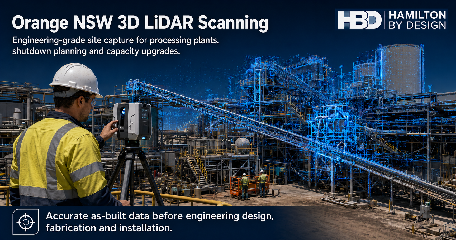 Engineer using a 3D LiDAR scanner at an Orange NSW processing plant with point cloud data overlay for as-built documentation and plant upgrade planning.