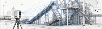 Technical drawing style image of 3D LiDAR scanning in Parkes NSW, showing a scanner capturing conveyors, structural steel, platforms and processing plant equipment with Hamilton By Design branding.