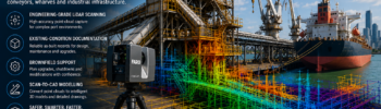 Port facility LiDAR scanning at the Port of Brisbane showing a FARO scanner, conveyors, wharf infrastructure, cargo ship and coloured point-cloud overlay.