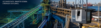Port of Brisbane container terminal and bulk-handling infrastructure being captured with a FARO 3D laser scanner and coloured point-cloud overlay.