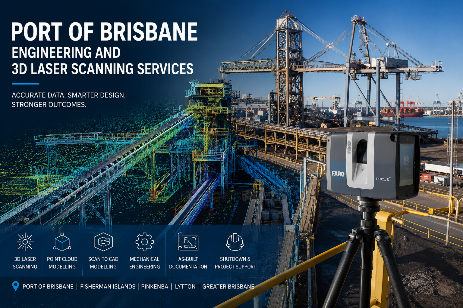 Port of Brisbane container terminal and bulk-handling infrastructure being captured with a FARO 3D laser scanner and coloured point-cloud overlay.