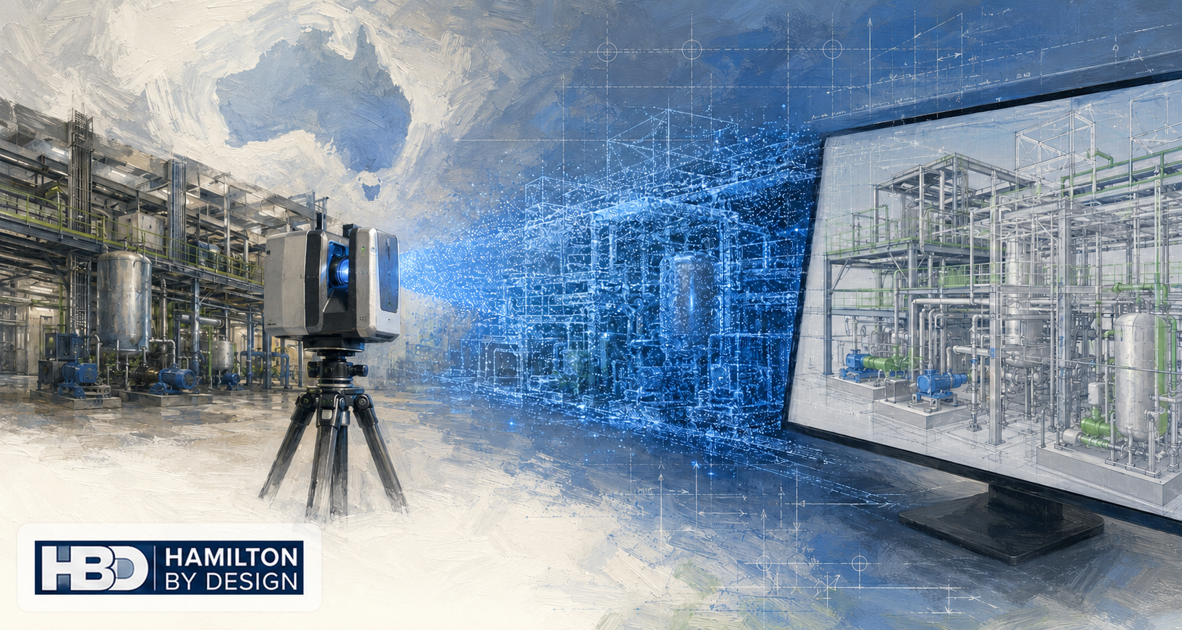 Oil painting style hero image showing a LiDAR scanner capturing an industrial plant room, with the scan data transforming into a blue point cloud and CAD/BIM model, featuring the Hamilton By Design logo.