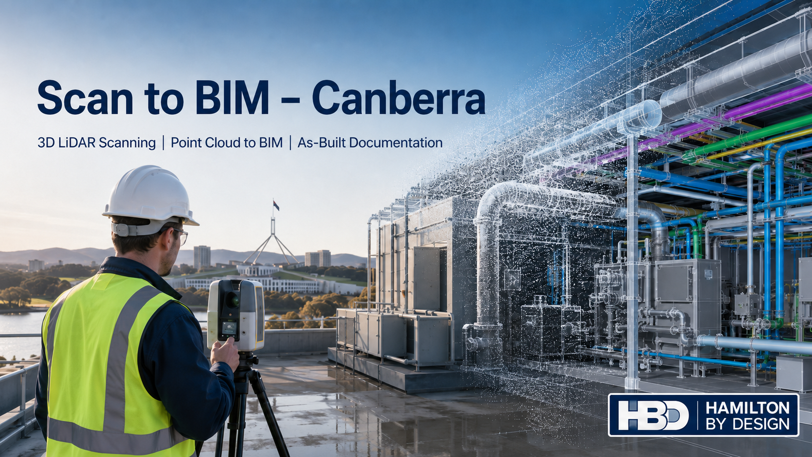 Scan to BIM Canberra hero image showing a LiDAR scanner capturing a rooftop mechanical plant area with point cloud and BIM model overlay.