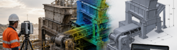 Engineer using a FARO 3D laser scanner to document existing industrial plant conditions for drawing verification, point-cloud modelling and engineering design.