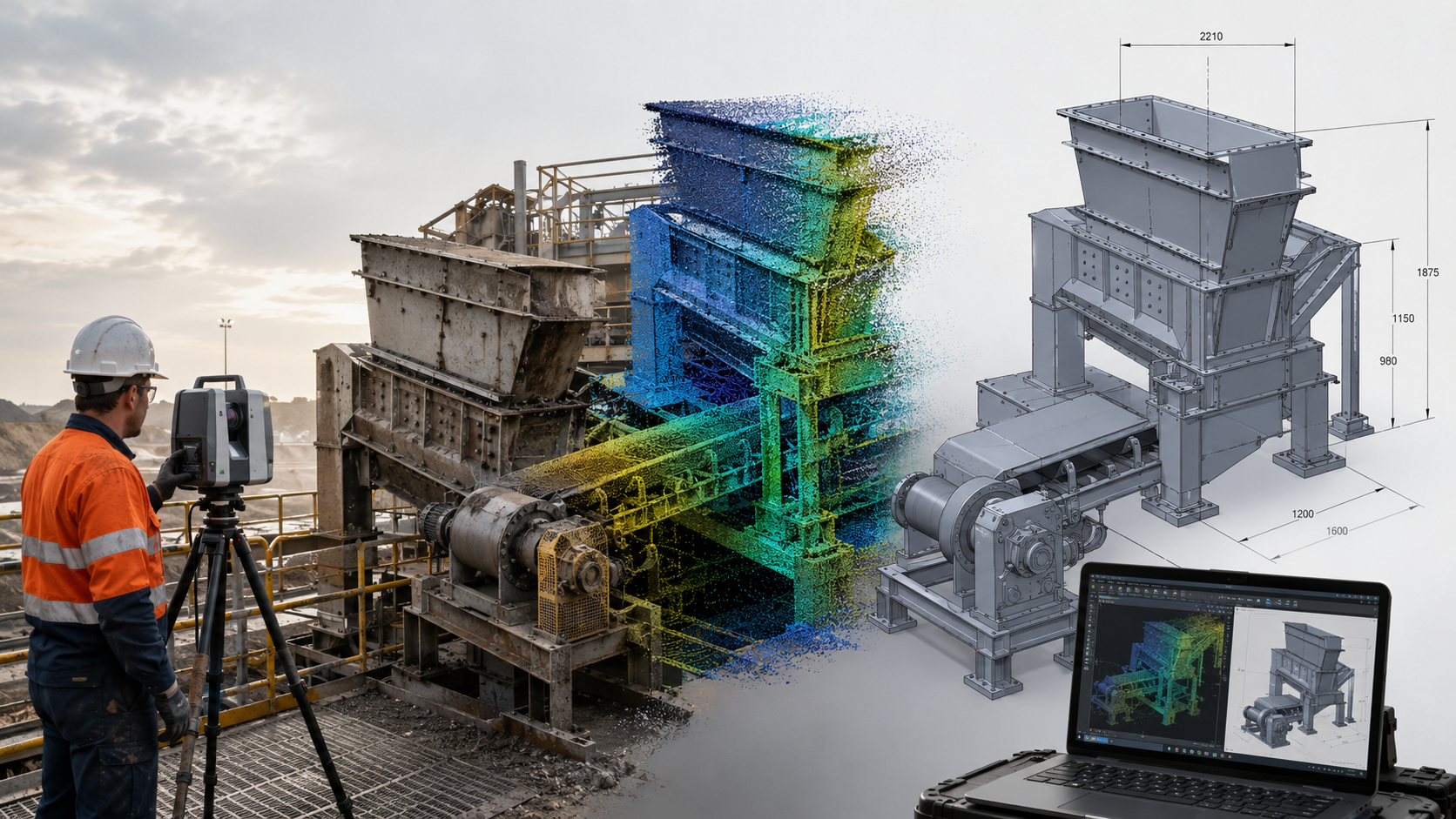 Engineer using a FARO 3D laser scanner to document existing industrial plant conditions for drawing verification, point-cloud modelling and engineering design.