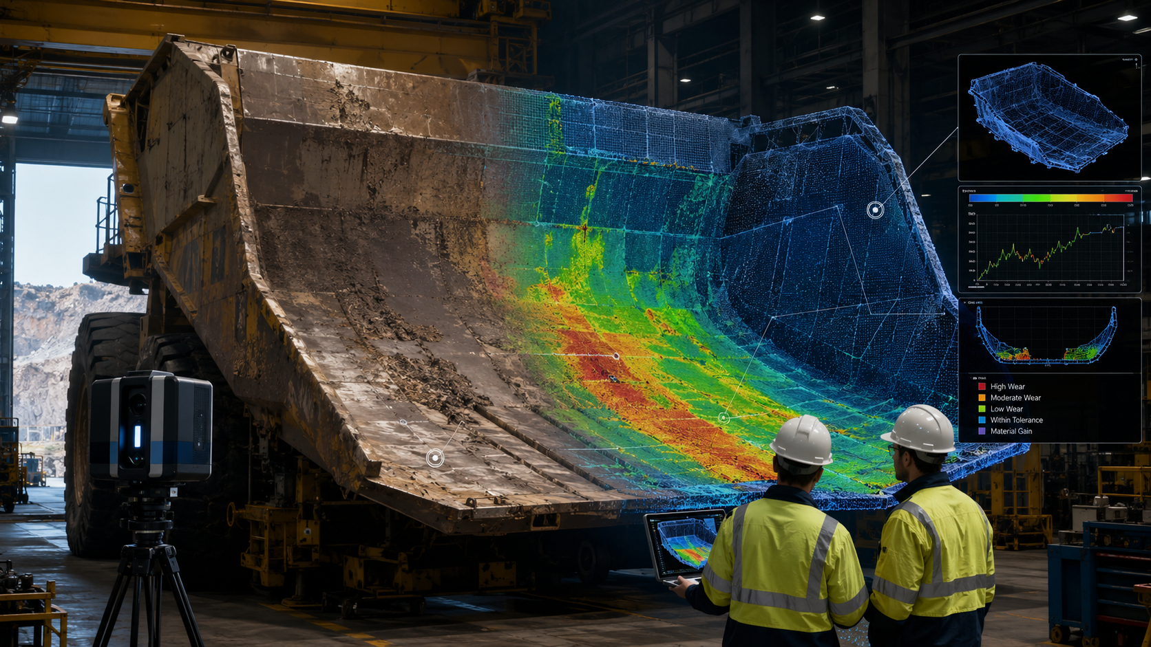 3D laser scanning assessment of a mining haul-truck body in a workshop, showing a wear heat map over the tray while two engineers review the scan data.