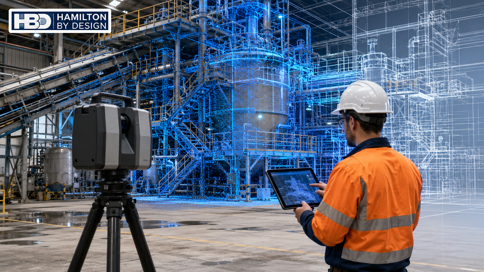 3D LiDAR scanner capturing conveyors, pipework, platforms and processing plant equipment in Blayney NSW for accurate as-built documentation and shutdown planning.