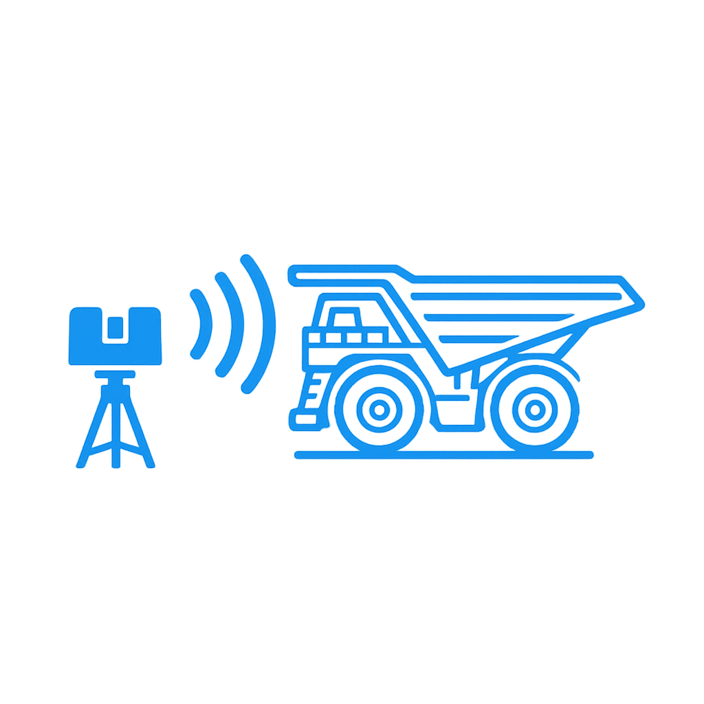 Blue line icon of a tripod-mounted LiDAR scanner capturing the side profile of a mining haul truck.